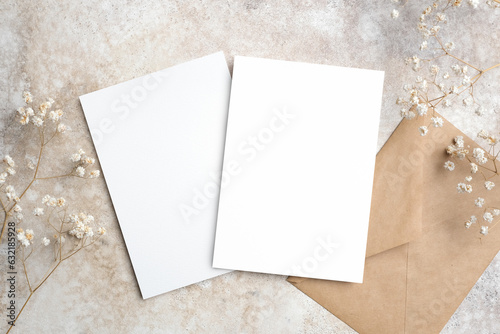 Blank wedding invitation card mockup, front and back sides, trendy dry gypsophila flowers decor