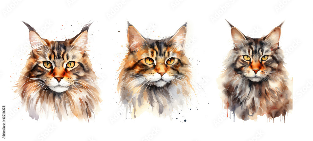 feline maine coon cat watercolor - obrazy, fototapety, plakaty 