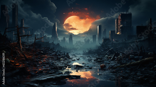 Apocalyptic destroyed city ruins. Generative Ai © andranik123