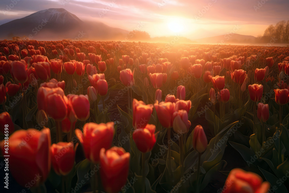 Stunning Tulip Field Basking In Golden Morning Light. Generative AI