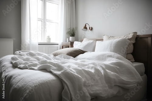 Bed With White Linens, Minimalist Style. Generative AI