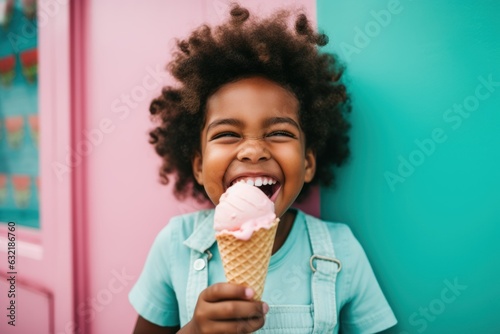 Obraz na plátně happy child laughs eating ice cream kidcore style