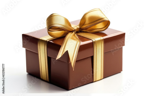 Brown Gift Box With Gold Ribbon On White Background. Generative AI