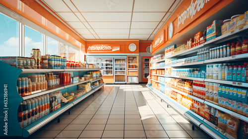 Supermarket interior with shelves full of various products Generative AI © kitti