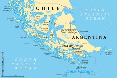 Tierra del Fuego, political map. Archipelago and southernmost tip of South America, across the Strait of Magellan, divided between Chile and Argentina. With Cape Horn, north of the Drake Passage.