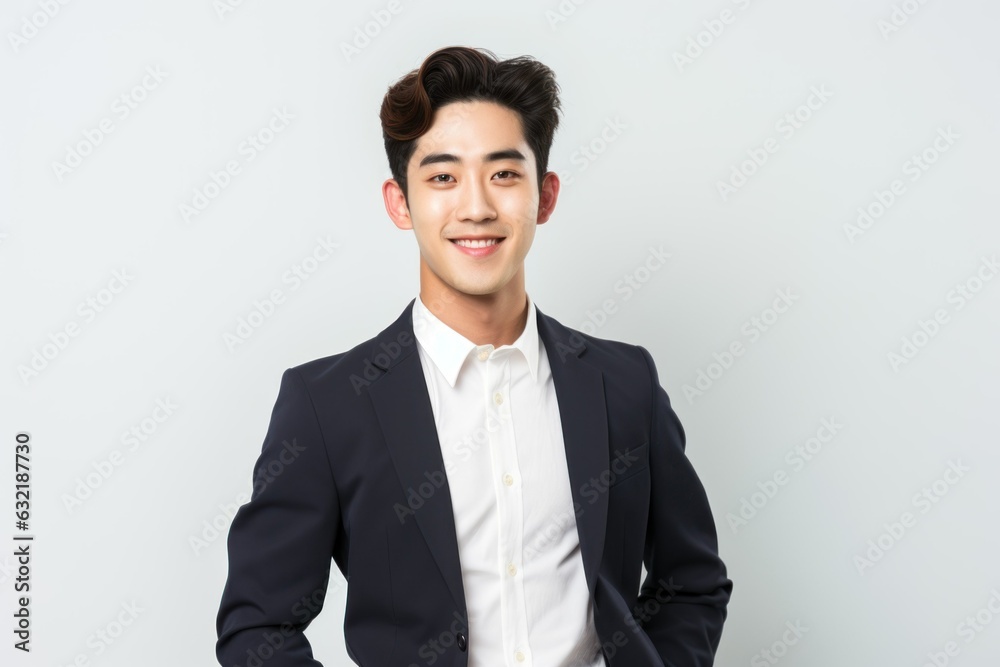 Portrait of a fictional korean businessman smiling. Isolated on a plain background. Generative ai. Portrait of a fictional korean businessman smiling. Isolated on a plain background. Generative ai.