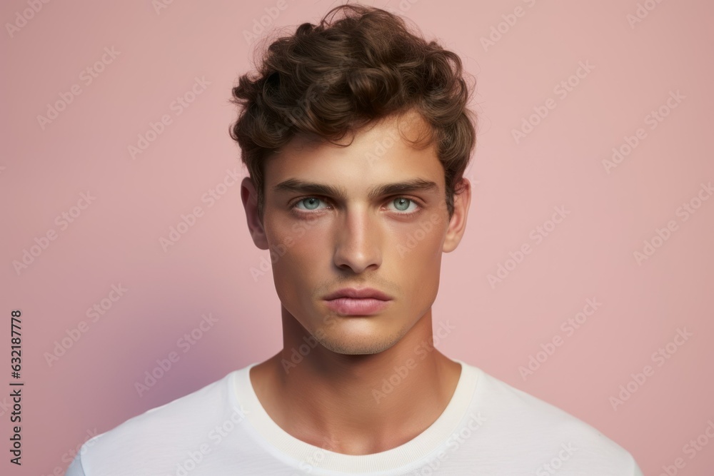 Fototapeta premium Close-up portrait of a fctional handsome male model. Isolated on a plain colored background. Generative AI.