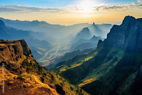 Scenic Sunrise Over Simien Mountains: A View of Chenek Camp in Ethiopia's National Park. Generative AI