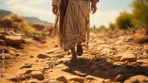 Valokuva Close up of Jesus feet walking on a road. Generative Ai
