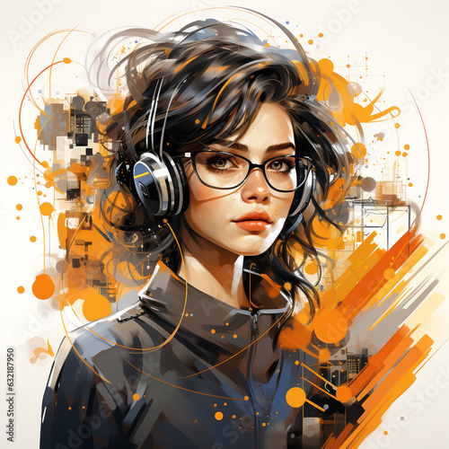 colorful drawing of female student girl in headphones
