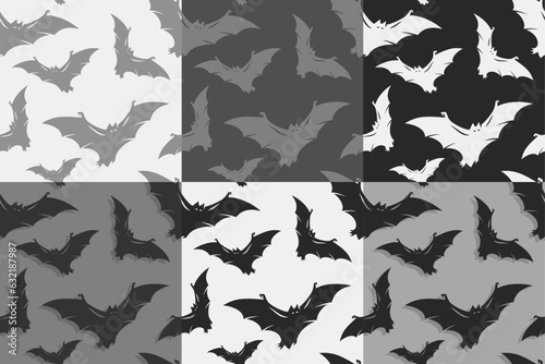 Halloween set of seamless patterns with bats for monochrome halloween design. Wallpapers or backgrounds with vampires for october party banner, poster or postcard