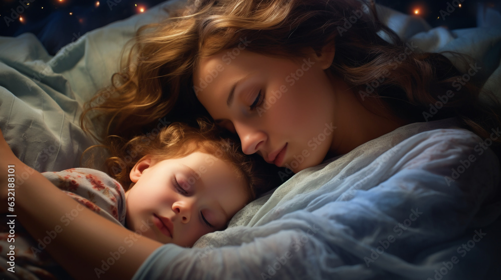 young mother sleeping with her daughter photo young mother sleeping with her daughter photo