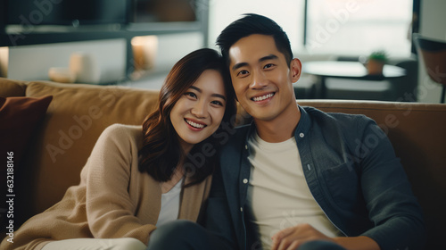 Happy Asian couple on couch, applying for banking loan or mortgage, smiling and laughing. Great for home and personal loans.
