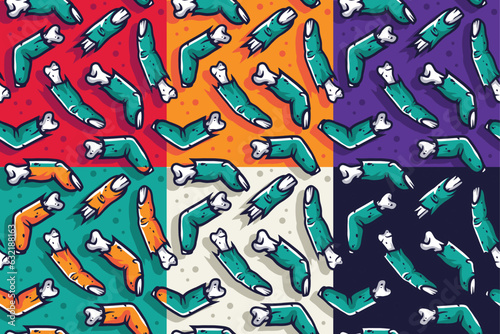 Halloween set of seamless patterns with zombie fingers for halloween design. Wallpapers or backgrounds with hand bones of zombie for october party banner, poster or postcard