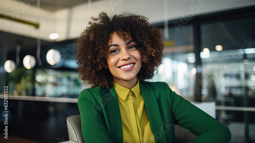 Confident, smiling African businesswoman in green; entrepreneur or customer service rep in finance or tech.