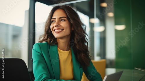 Confident, smiling Hispanic businesswoman in green attire; entrepreneur or customer service rep, specialized in finance or tech.