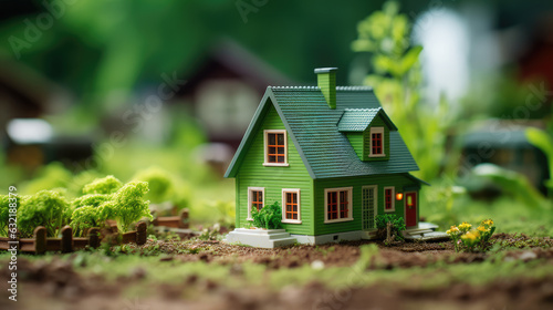 Miniature toy house against green background; ideal for mortgage applications, house sales advertising.