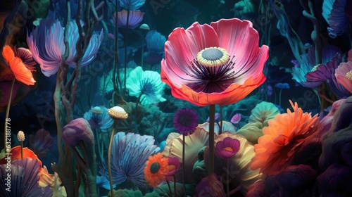Blossom flowers underwater. Creative floral concept for advertisement, banner, ad, poster, wallpaper. Colorful AI illustration of the undersea world. Video Game's Digital, Realistic Style Background. © Oksana Smyshliaeva