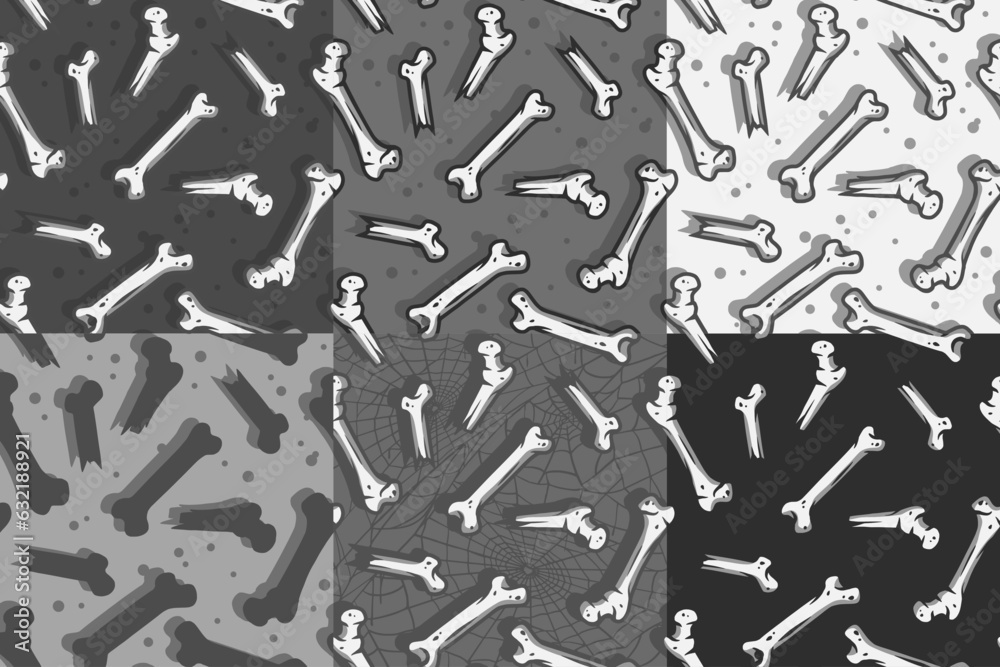 Halloween set of seamless patterns with skeleton bones for monochrome halloween design. Wallpapers or backgrounds with anatomy human bones for october party banner, poster or postcard Halloween set of seamless patterns with skeleton bones for monochrome halloween design. Wallpapers or backgrounds with anatomy human bones for october party banner, poster or postcard