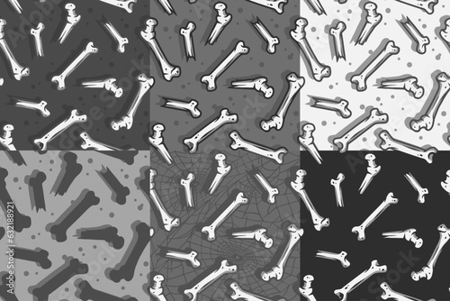 Halloween set of seamless patterns with skeleton bones for monochrome halloween design. Wallpapers or backgrounds with anatomy human bones for october party banner, poster or postcard