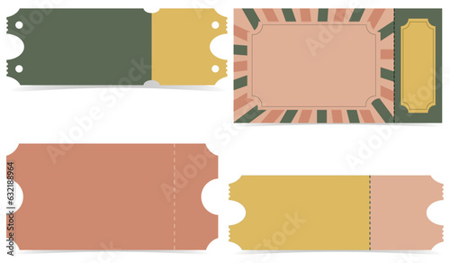 Blank tickets set. Colorful ticket mockups for circus, concert, certificate, boarding, lottery, movie and coupon