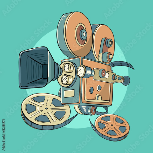 Old Retro Video Camera With Movie Roll Cartoon Illustration Concept