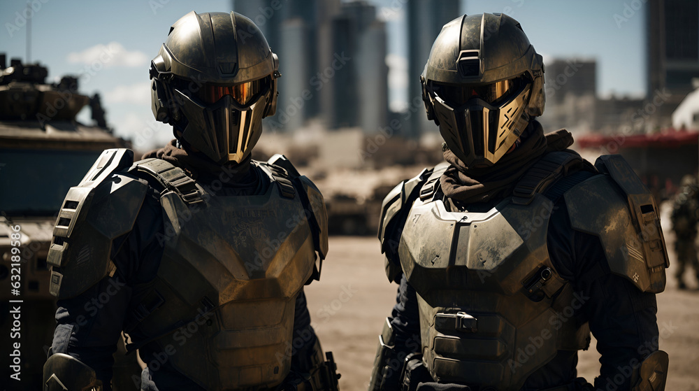 two futuristic soldiers standing in front of armored vehicles