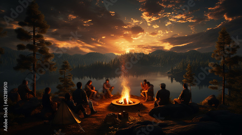 Group of people gathered around a bonfire. Generative Ai
