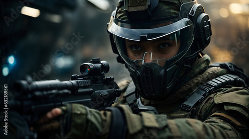 closeup image of futuristic solider holding a gun