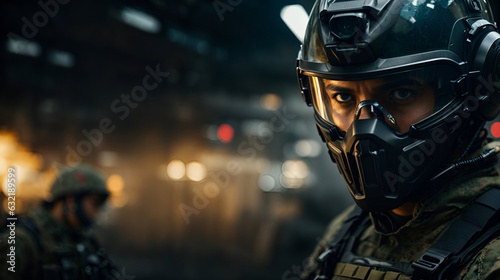 portrait of a futuristic soldier in full army gear