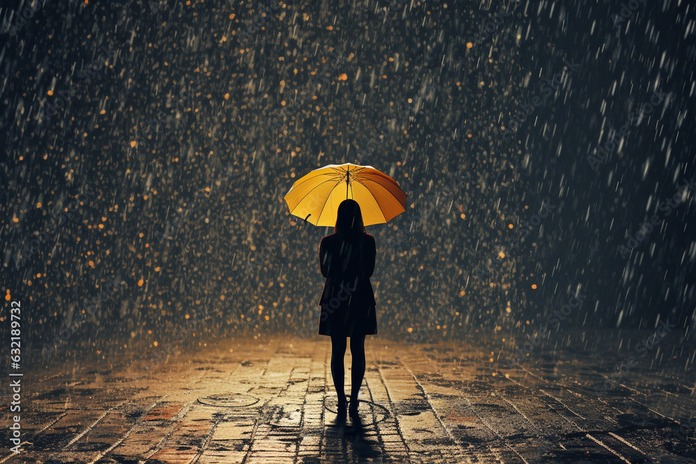 GENERATIVE AI Person Holding Umbrella in Heavy Rainstorm with Thankful Words Formed by Raindrops - obrazy, fototapety, plakaty 