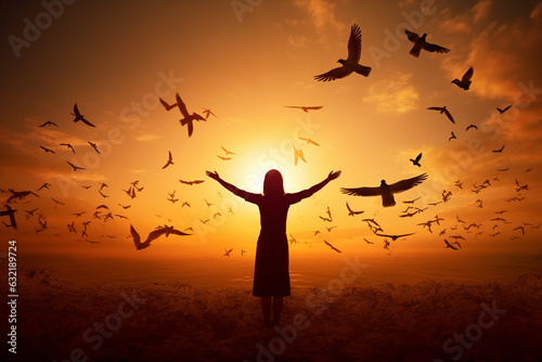 GENERATIVE AI Silhouette of Person at Sunset Releasing Flock of Birds Carrying Thankful Messages