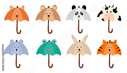 Collection of animalistic umbrellas. Pictures for children. Accessories with animals. Rabbit, fox, bear, mouse, frog, tiger, panda, cow. Graphic elements. Flat vector illustration set.