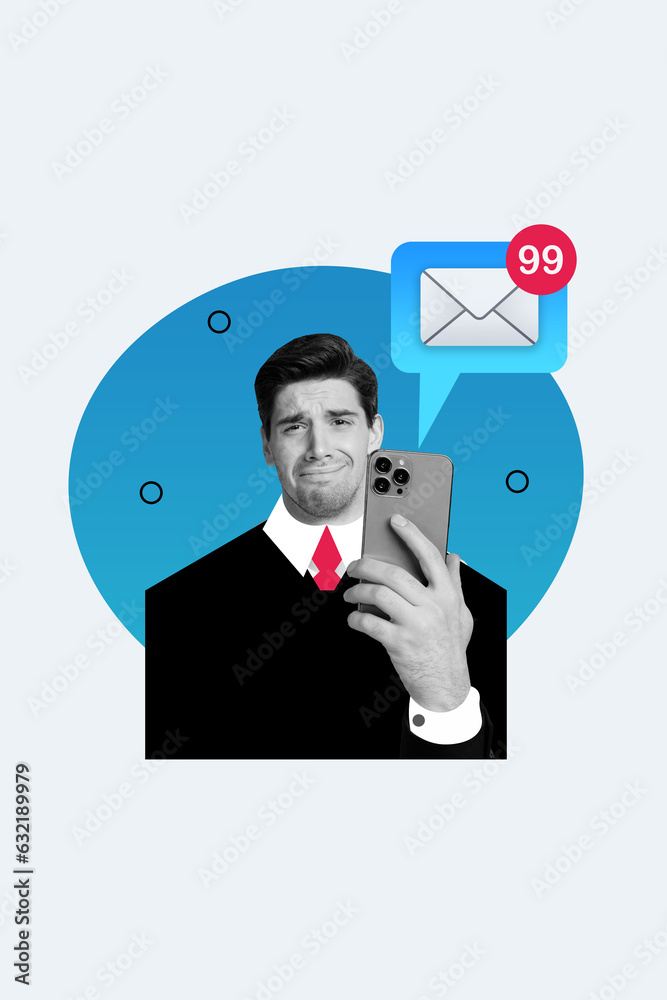 Collage picture image of young sad man hand hold phone cry many sms comments isolated on drawing background Collage picture image of young sad man hand hold phone cry many sms comments isolated on drawing background