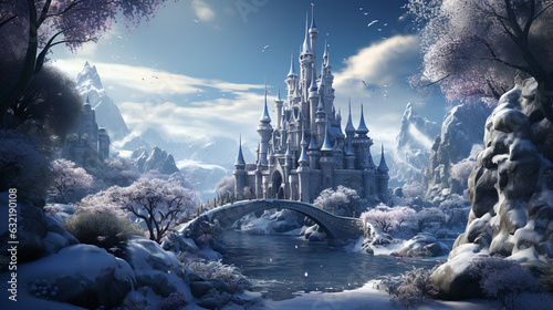 Magic Ice Castle with snow. Generative Ai