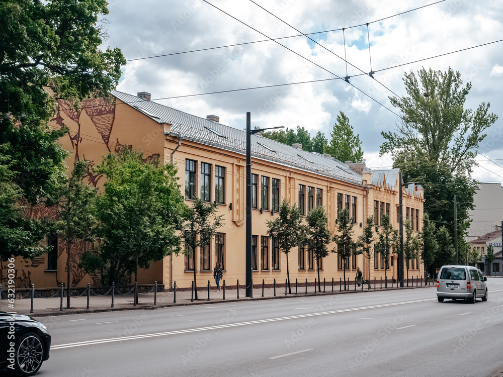 Fototapeta premium Kaunas, Lithuania - 07 26 2023: Beautiful old house in the old part of Kaunas