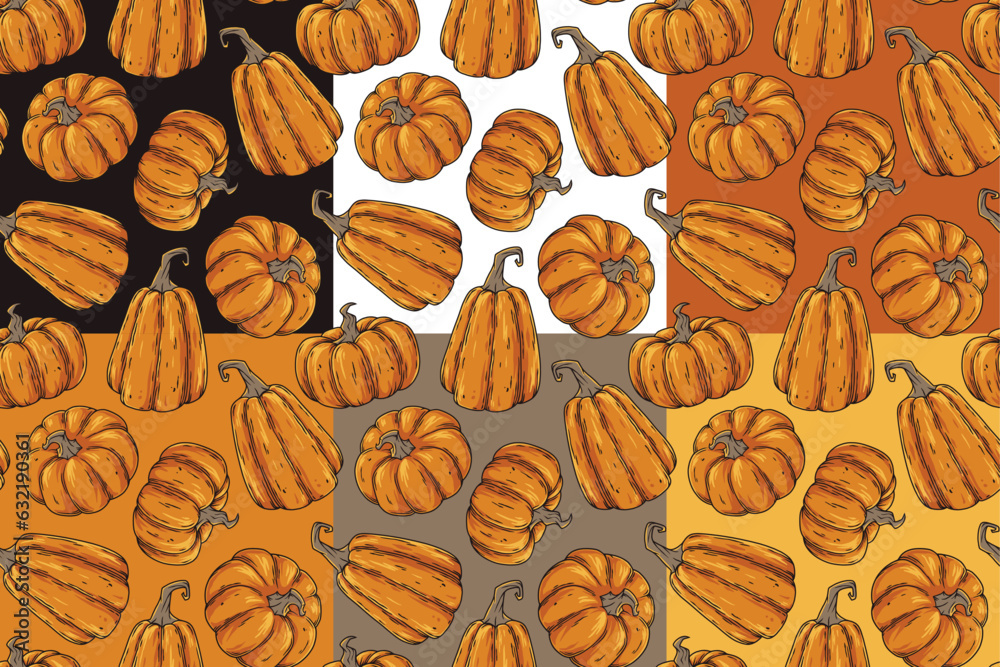 Fototapeta premium Halloween set of seamless patterns with pumpkins for halloween design. Wallpapers or backgrounds with orange autumn pumpkins for october party banner, poster or postcard