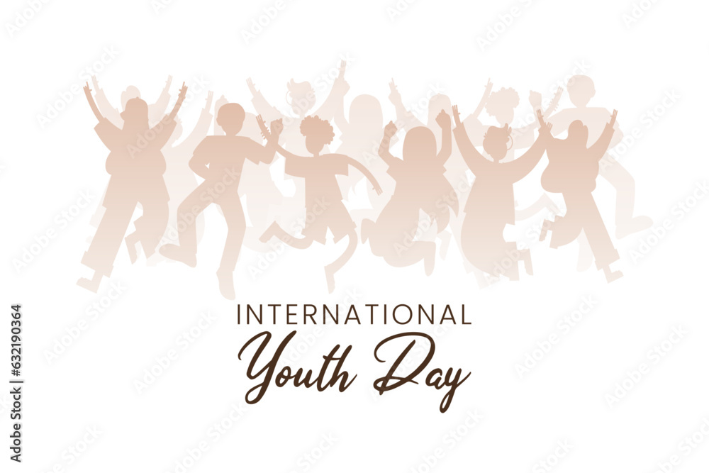 International Youth Day Celebration, vector illustration Friendly team, cooperation, friendship, Card with colorful crowd people