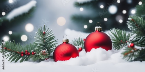 christmas and new year holidays concept. Red balls on fir branches  winter snowy backdrop. festive winter season background. template for design. banner  copy space