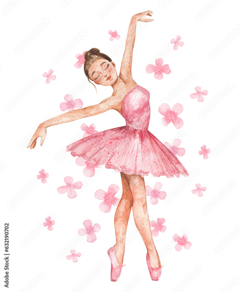 Ballerina in pink dress with pink flowers on background. Watercolor hand-drawn illustration of girl ballet dancer. Ballerina in pink dress with pink flowers on background. Watercolor hand-drawn illustration of girl ballet dancer.
