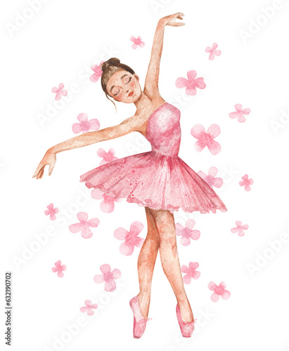 Ballerina in pink dress with pink flowers on background. Watercolor hand-drawn illustration of girl ballet dancer.