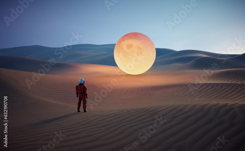 Astronaut in the desert looking at the moon. Sci fi and futuristic concept.