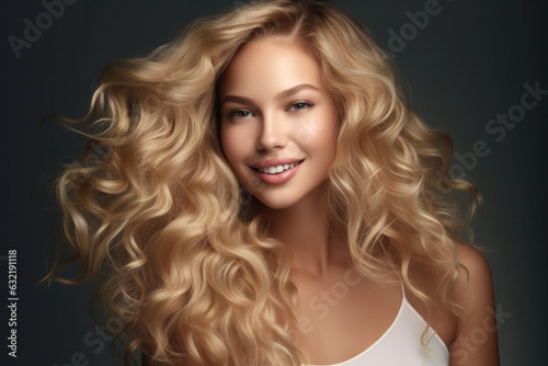 Happy woman with gorgeous wavy blonde hair, perfect makeup. Beauty and style concept.