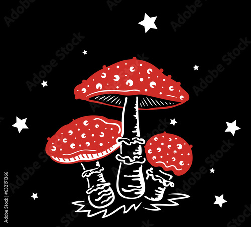 Fliegenpilze Pilze mit Sternen. Herbst Vektor Zeichnung. Schwarz rot.