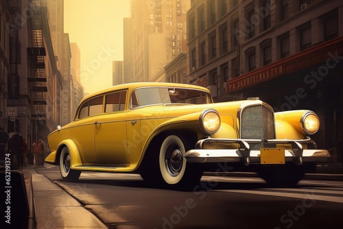 yellow retro car on the streets of new york city, Generative AI © James