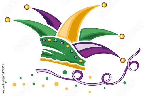 Canvastavla Narrenkappe zu Karneval, Rosenmontag, Fasching und Weiberfastnacht, mit Luftschlange, Herz und Konfetti in lila, grün, gold