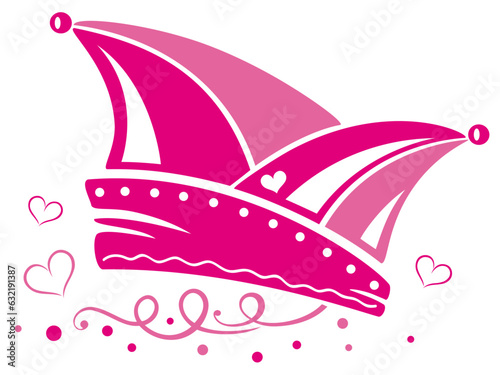 Narrenkappe zu Karneval, Rosenmontag, Fasching und Weiberfastnacht, mit Luftschlange, Herz und Konfetti in pink und rosa.