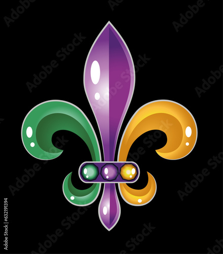Fleur De Lis. Traditionelles Mardi Gras Symbol in grün, lila und gold.