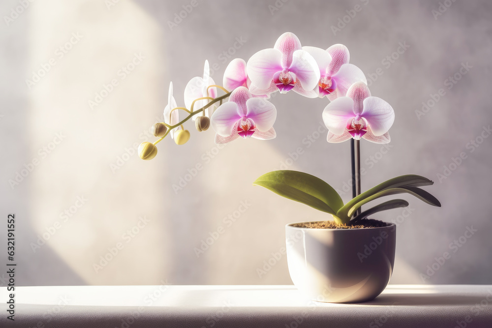 Beautiful Phalaenopsis orchid flower in a pot on a gray background. Generative AI.