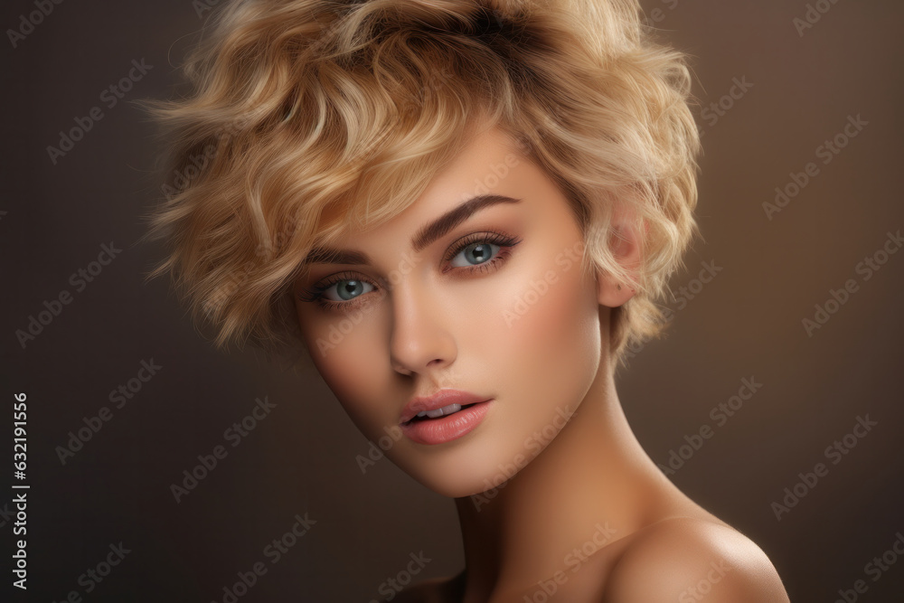 Short-haired beauty: blonde model with curls, smiling. Fashion, cosmetics, makeup Short-haired beauty: blonde model with curls, smiling. Fashion, cosmetics, makeup